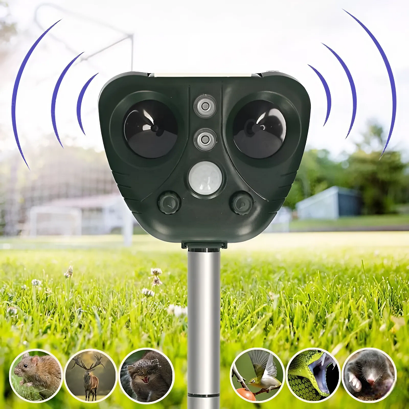 Weatherproof outdoor solar ultrasonic bird deterrent. Wireless pest control for gardens and yards.