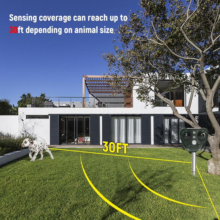 Wildlife-friendly solar ultrasonic animal repeller. Wireless for outdoor garden & yard security.