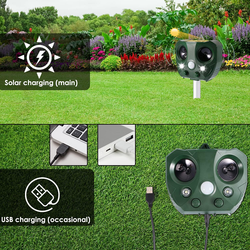 Compact solar ultrasonic bird repeller. Wireless, weatherproof device for effective outdoor pest control.