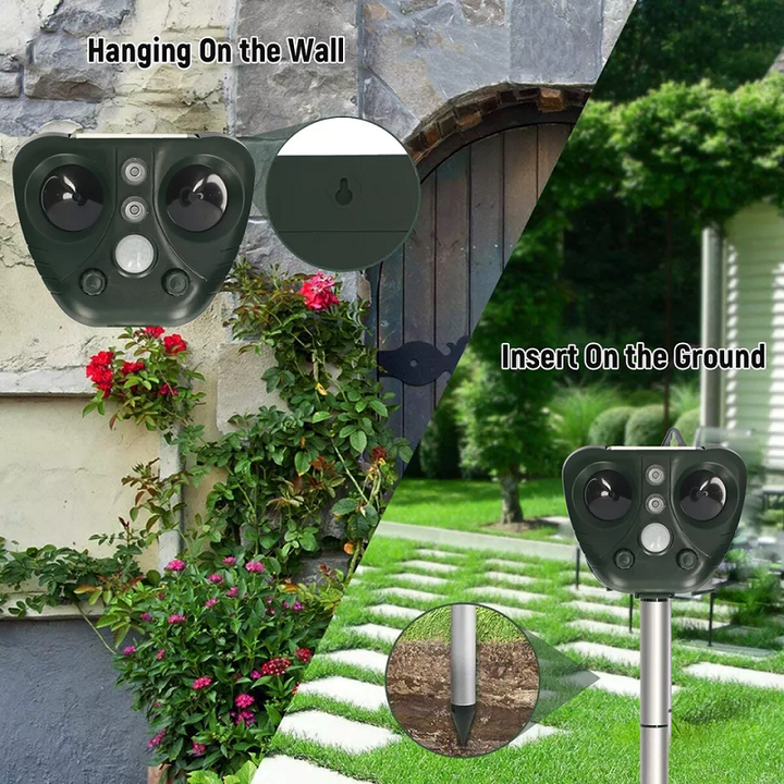Outdoor solar bird repeller with ultrasonic technology. Wireless and weatherproof for garden protection.