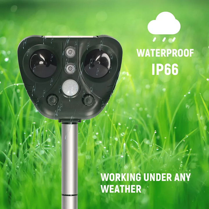 Wireless solar ultrasonic pest control. Weatherproof bird deterrent for gardens, yards & outdoor spaces.