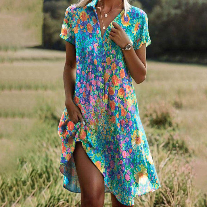 Woman in a flowy bohemian chic summer midi dress, perfect for beach or casual wear.