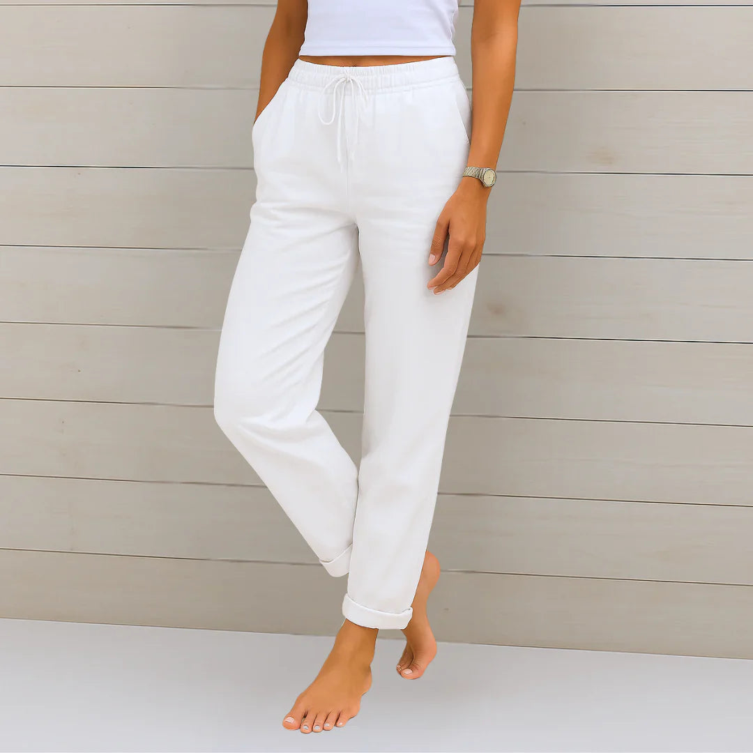 Close-up of breathable linen blend stretch trousers for women, highlighting the soft fabric texture.