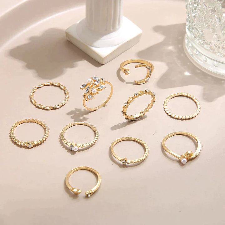 Boho-chic 10-pair ring set for women. Mixed gold & silver stackable rings, versatile for fashion jewelry lovers.