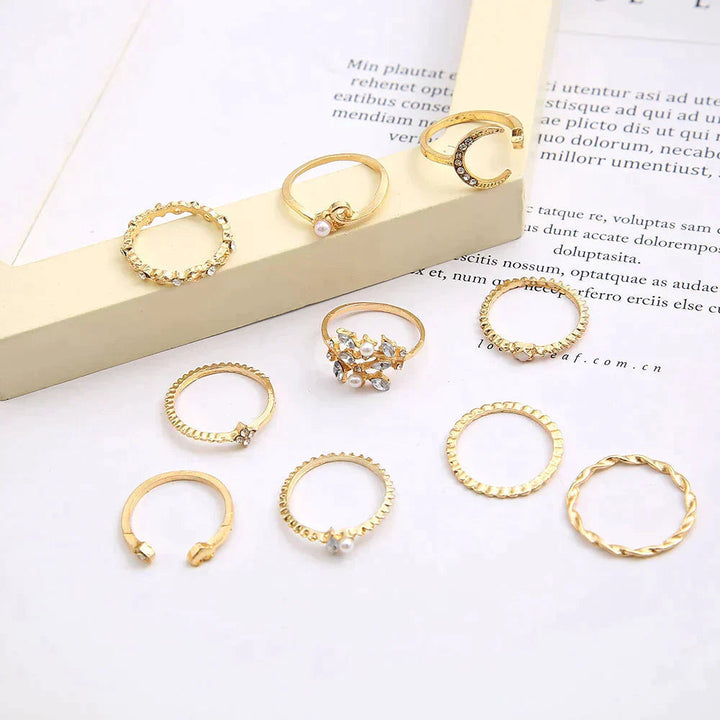 Elegant gold & silver boho ring set, 10 stackable pieces for women. Versatile fashion jewelry, everyday style.