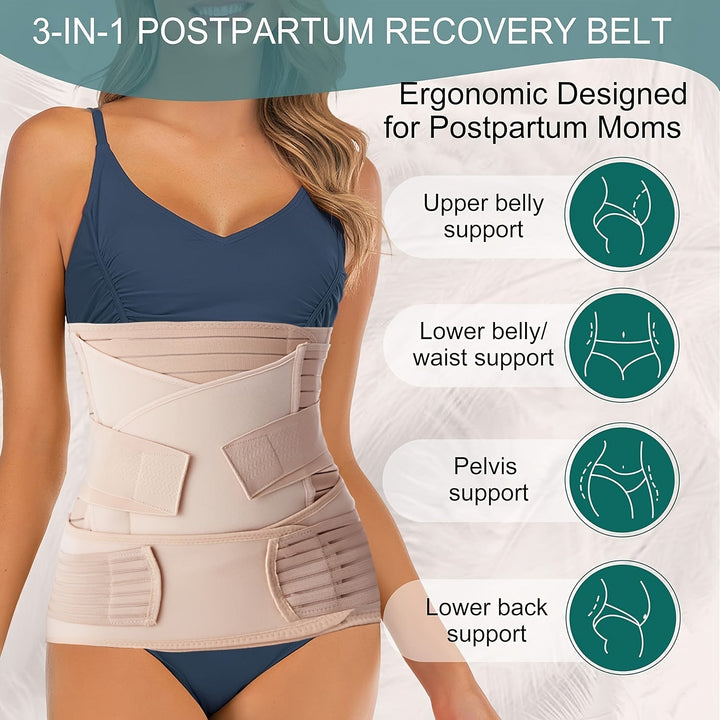 Adjustable 3-in-1 postpartum belly band offering comfortable postnatal support for C-section recovery.