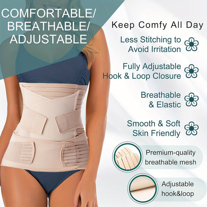 Adjustable women's postpartum waist trainer, a 3-in-1 belly band for comfortable postnatal recovery.