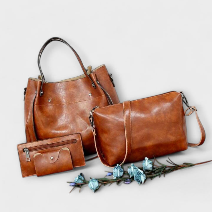 Women's 4-piece vintage faux leather handbag set, including a large tote and crossbody bags