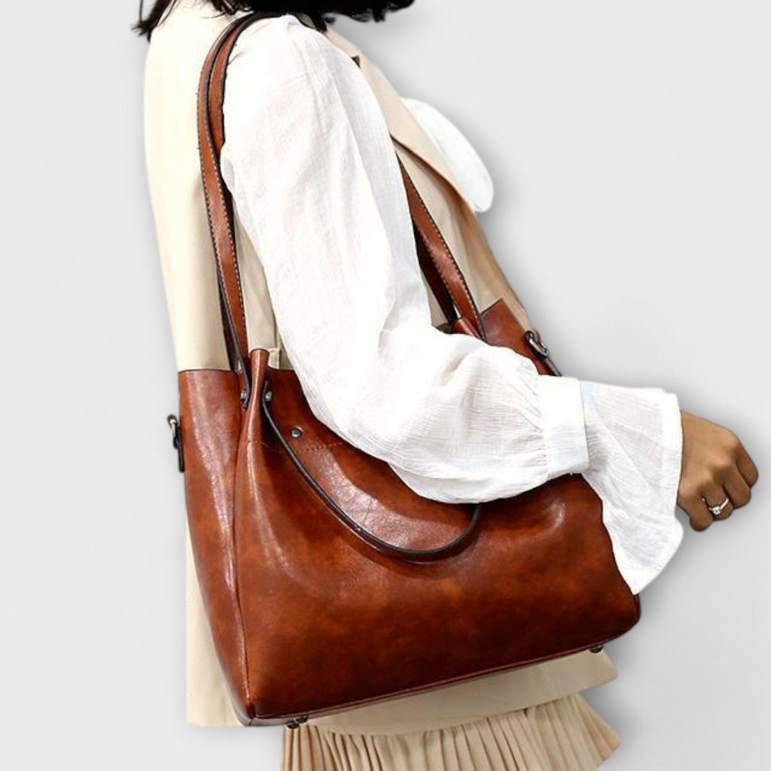 Complete 4-piece vintage handbag set: tote, crossbody, clutch, and wallet in faux leather