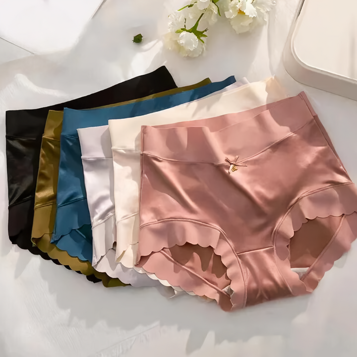 Women's 5-piece seamless silk satin underwear set, luxurious & soft for everyday comfort.