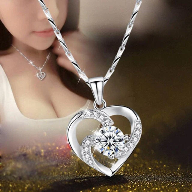 Women's 925 sterling silver heart necklace with sparkling crystal pendant, perfect Christmas gift for her.