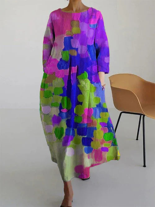 Women's abstract floral long-sleeve maxi dress, flowing fabric, elegant summer style