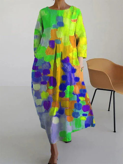 Boho elegant women's maxi dress with an abstract floral design and long sleeves