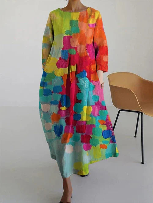 Stylish women's summer maxi dress with abstract floral print and comfortable long sleeves