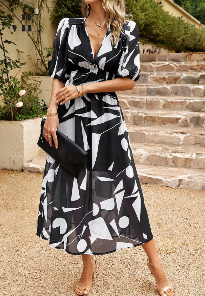 Women's elegant abstract print belted midi dress with a collared neckline. Keywords: elegant dress, midi dress, belted dress, abstract print