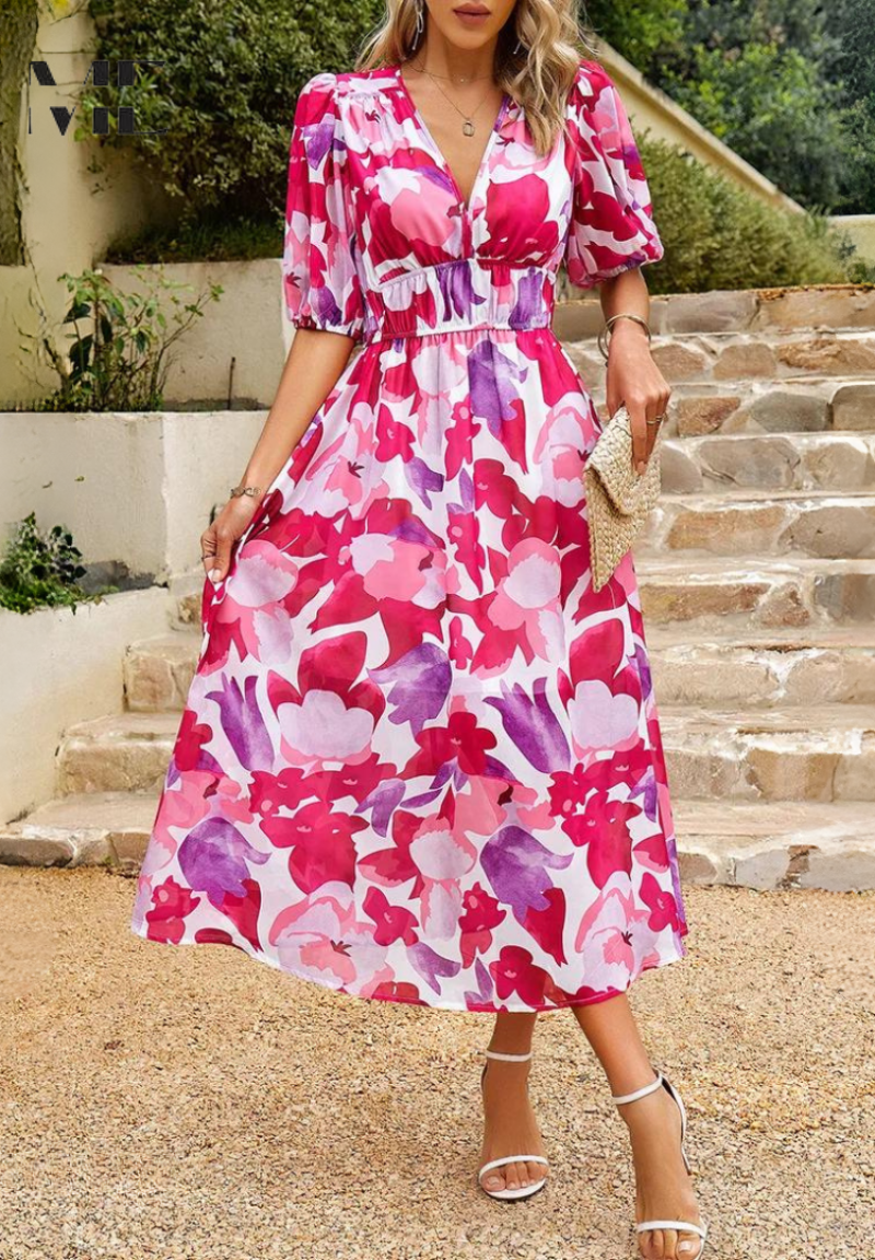 Abstract print midi dress for women, showing flowy skirt movement. Keywords: casual dress, midi dress, women's dress, abstract print