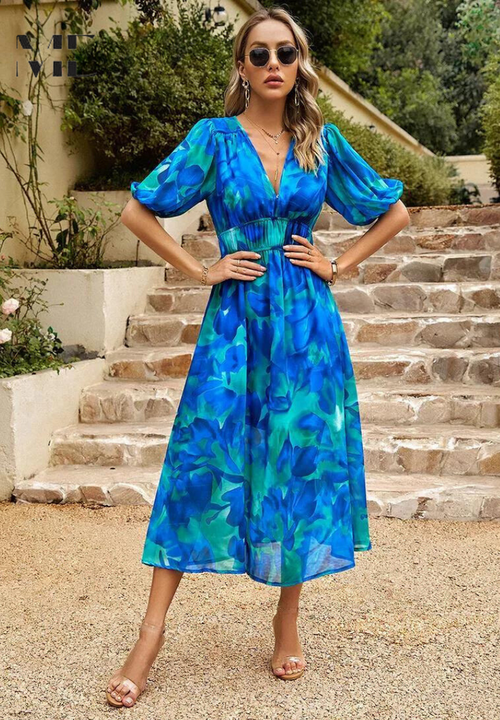 Women's abstract print day dress, comfortable and stylish for daily wear. Keywords: day dress, casual dress, midi dress, abstract print