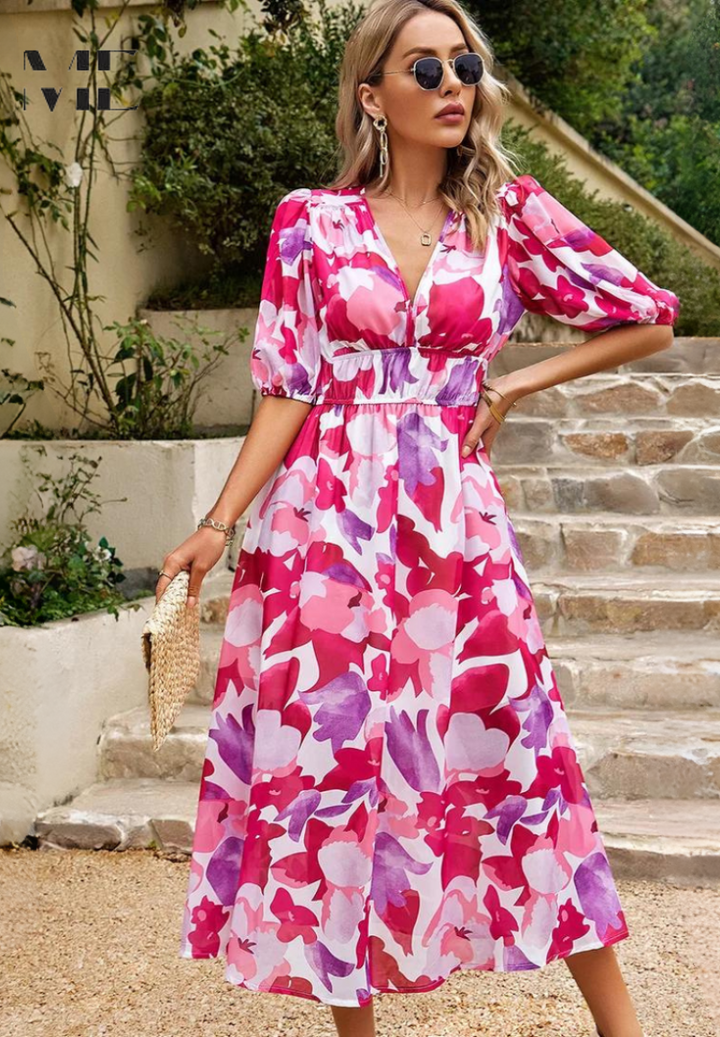 Women's abstract print midi dress, styled for a professional business meeting. Keywords: business wear, work wear, midi dress, abstract print