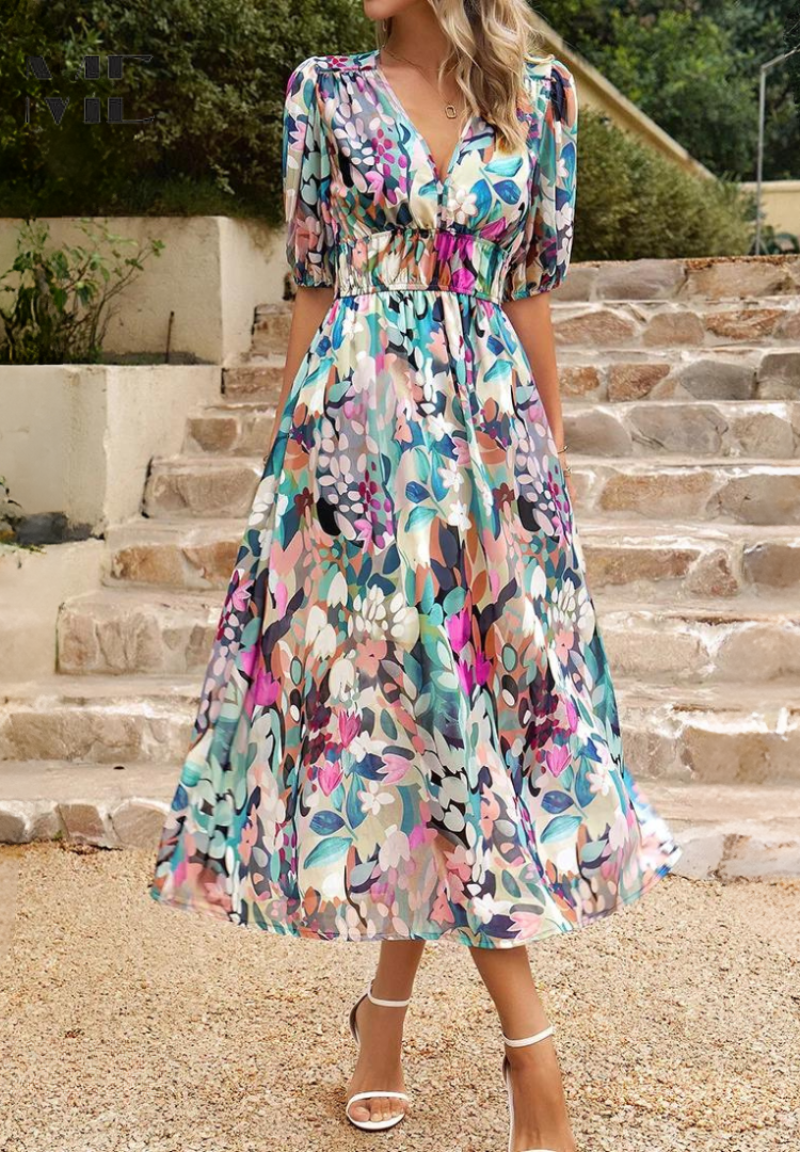 Full shot of women's abstract print belted midi dress with model, side view. Keywords: midi dress, women's dress, abstract print, belted dress