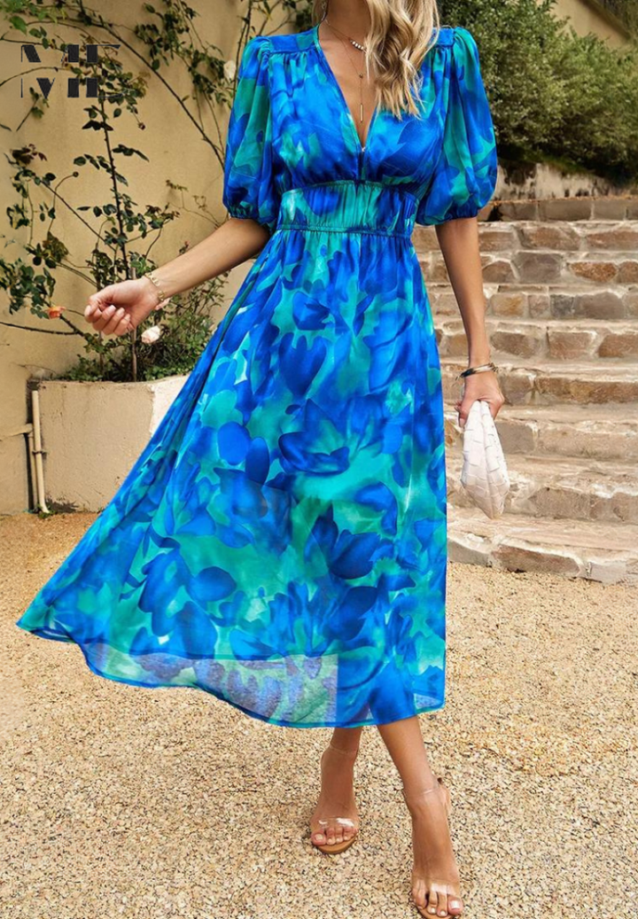 Flat lay of women's versatile abstract print belted midi dress. Keywords: versatile, midi dress, womens dress, abstract print