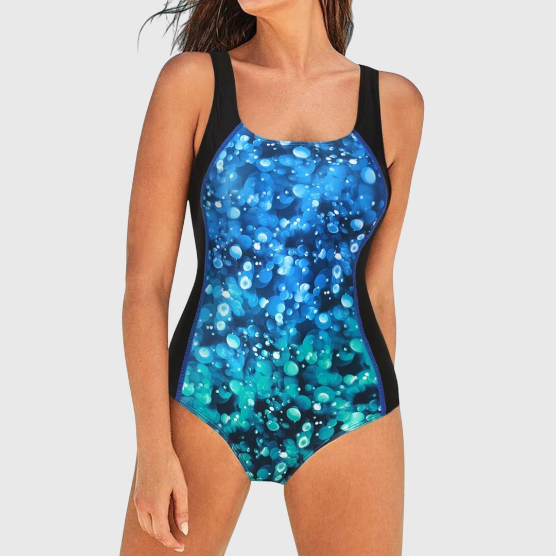 Beach-ready women's shaping one-piece swimsuit with a modern abstract art print