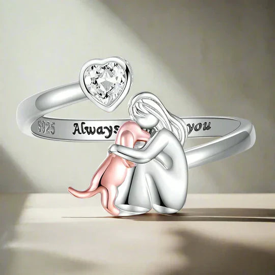 Women's adjustable sterling silver ring featuring a cute dog and heart design, perfect pet lover gift with cubic zirconia.