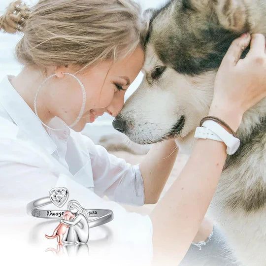 Pet lover gift: Women's adjustable sterling silver dog and heart ring with sparkling cubic zirconia, animal memorial jewelry.