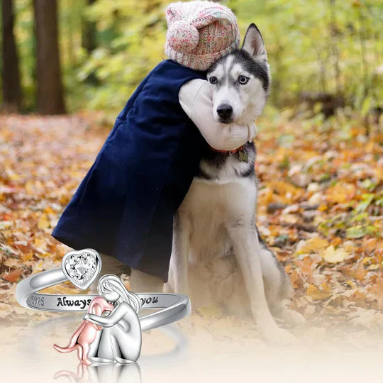 Elegant women's adjustable silver ring with a playful dog & heart motif, ideal for pet owners & animal lovers, 925 sterling.