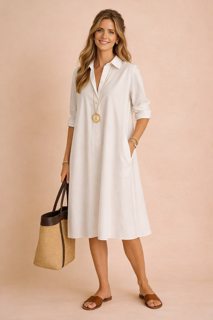 Amara women's casual longline shirt dress, loose fit, versatile spring/summer everyday wear, chic and effortless.