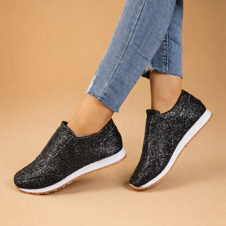 Women's Amelia sparkling slip-on comfort sneakers. Glittery casual shoes for easy everyday wear and dazzling style.