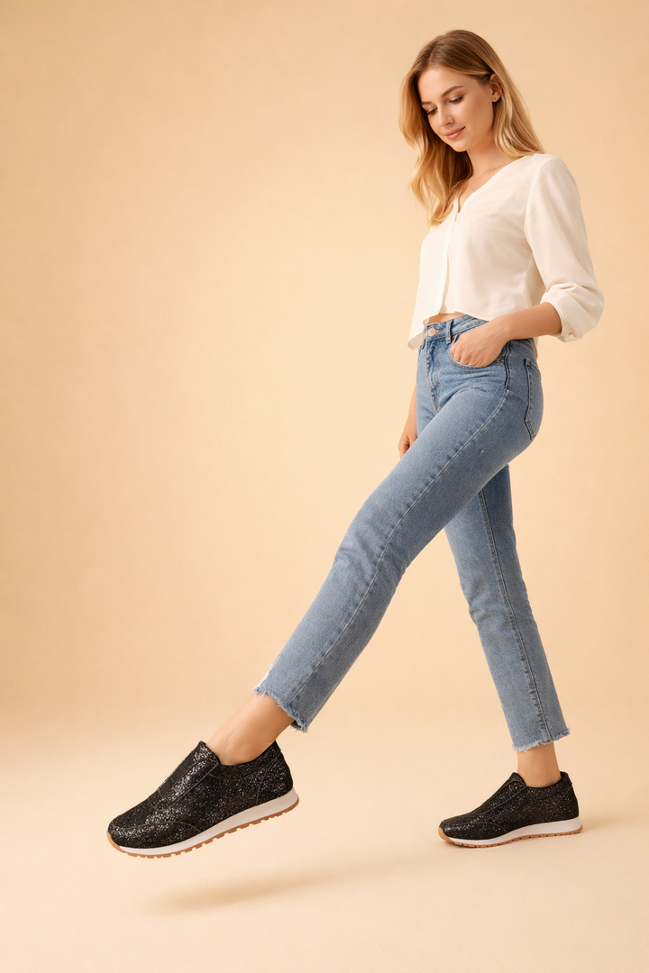 Dazzling Amelia women's sparkling slip-on sneakers. Glitter casual shoes for comfort and easy everyday fashion.