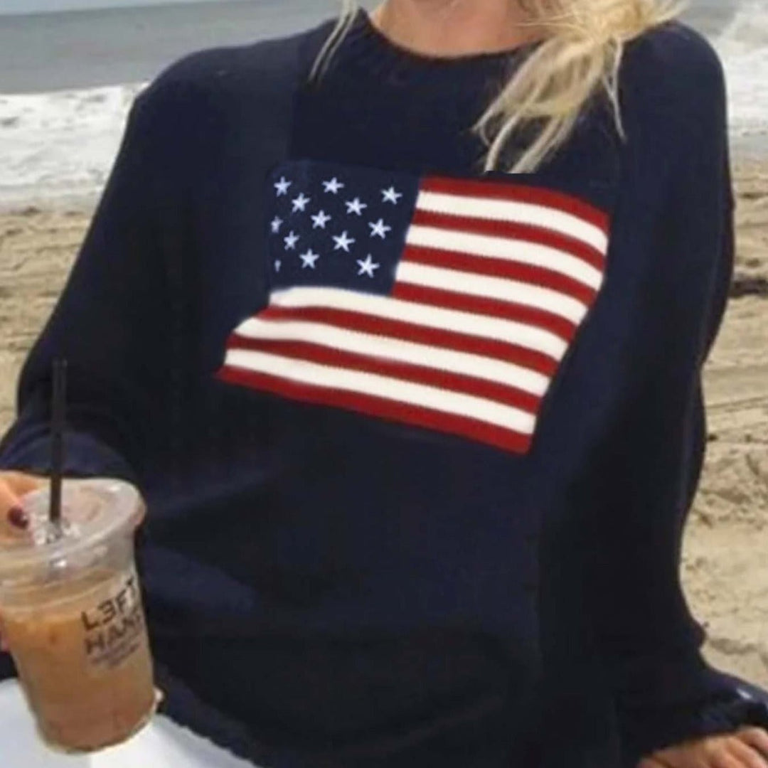 Women's American flag pullover sweater with long sleeves & round neck. Slim fit, casual chic patriotic fashion.