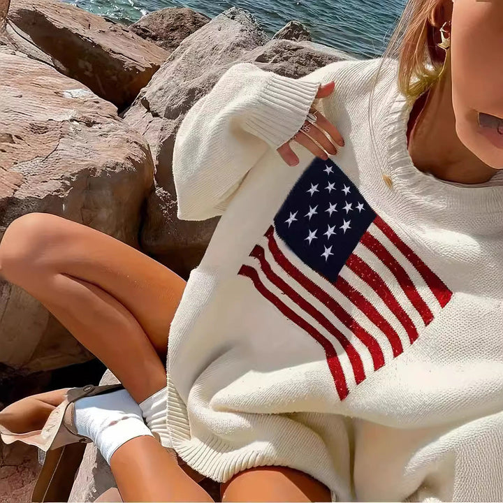 Trendy women's American flag graphic pullover sweater. Casual patriotic fashion, ideal for everyday chic style & comfort.