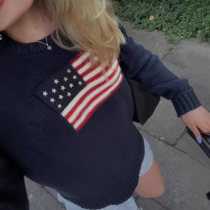 Comfortable women's American flag pullover sweater. Long sleeve, chic patriotic fashion for casual everyday wear.