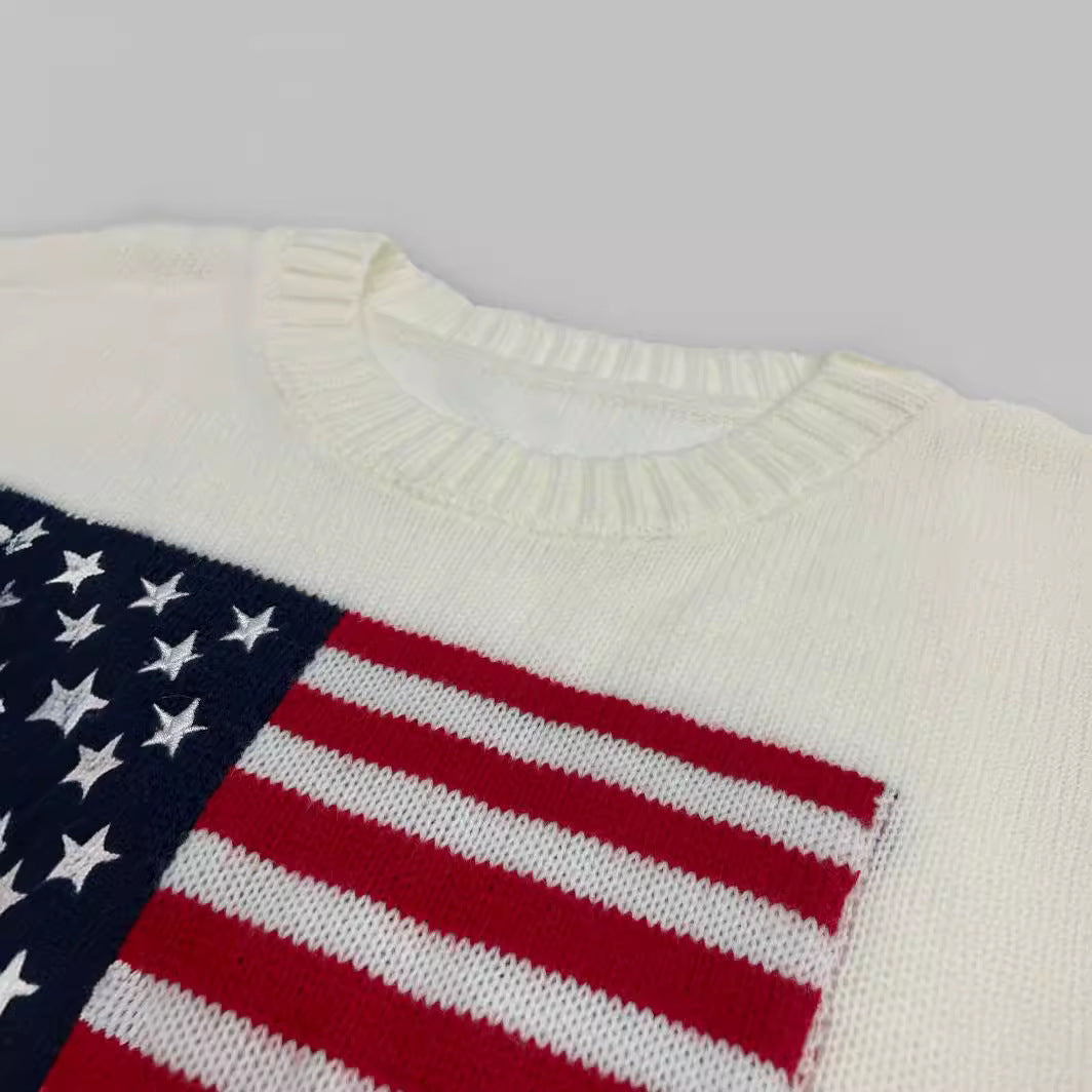 Slim fit women's American flag pullover sweater, round neck. Chic patriotic long sleeve top, perfect for casual style.
