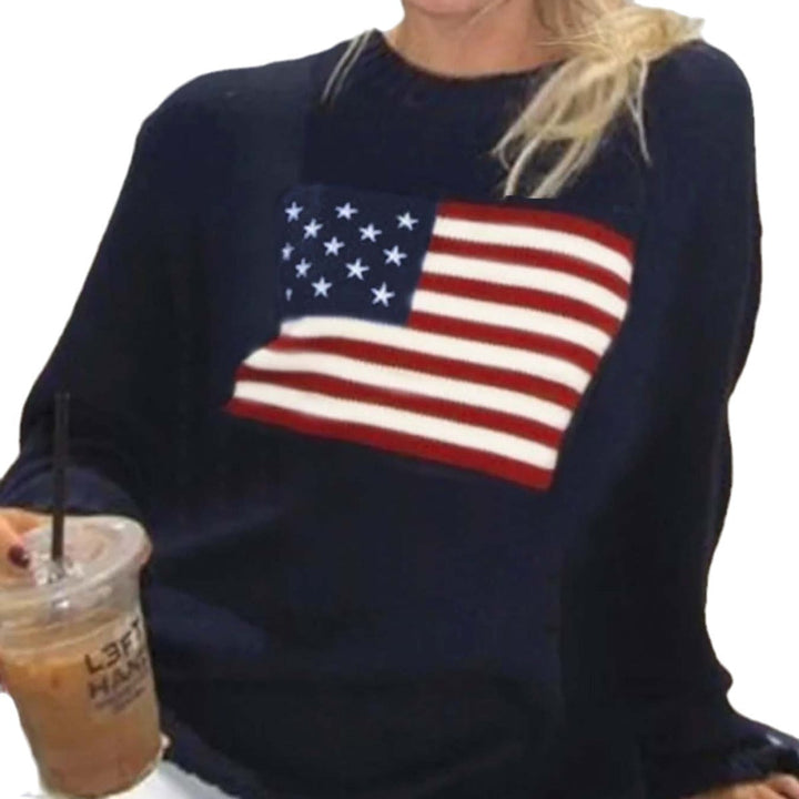 Fashionable women's American flag pullover sweater. Versatile long sleeve top for chic casual outfits or patriotic events.
