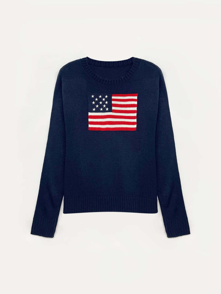 Trendy women's apparel: American flag graphic pullover sweater. Casual long sleeve top, chic patriotic fashion statement.