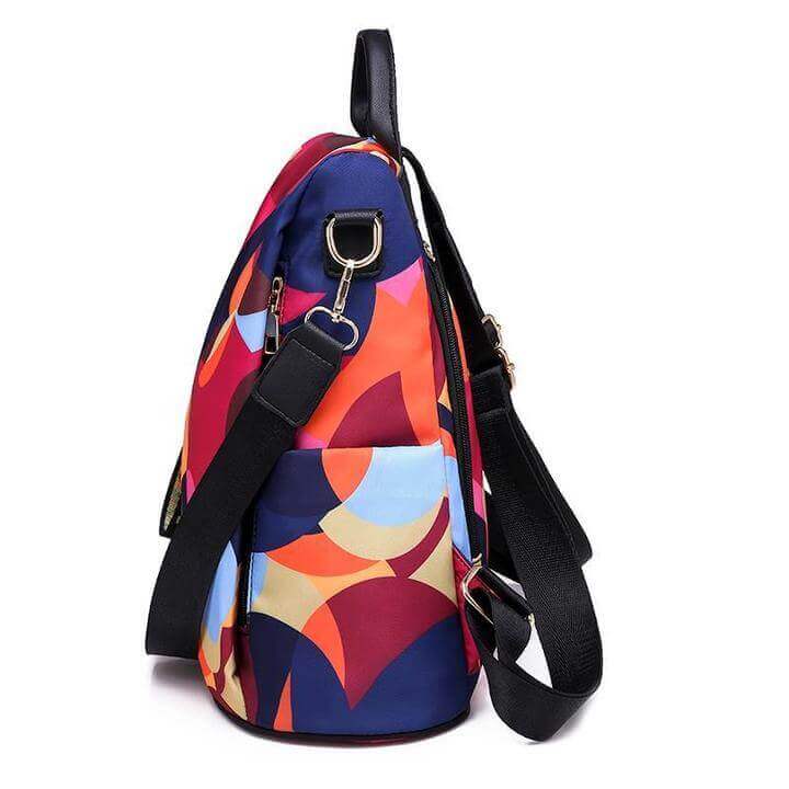Back view of women's anti-theft backpack, comfortable shoulder straps, water-resistant, secure zippers.