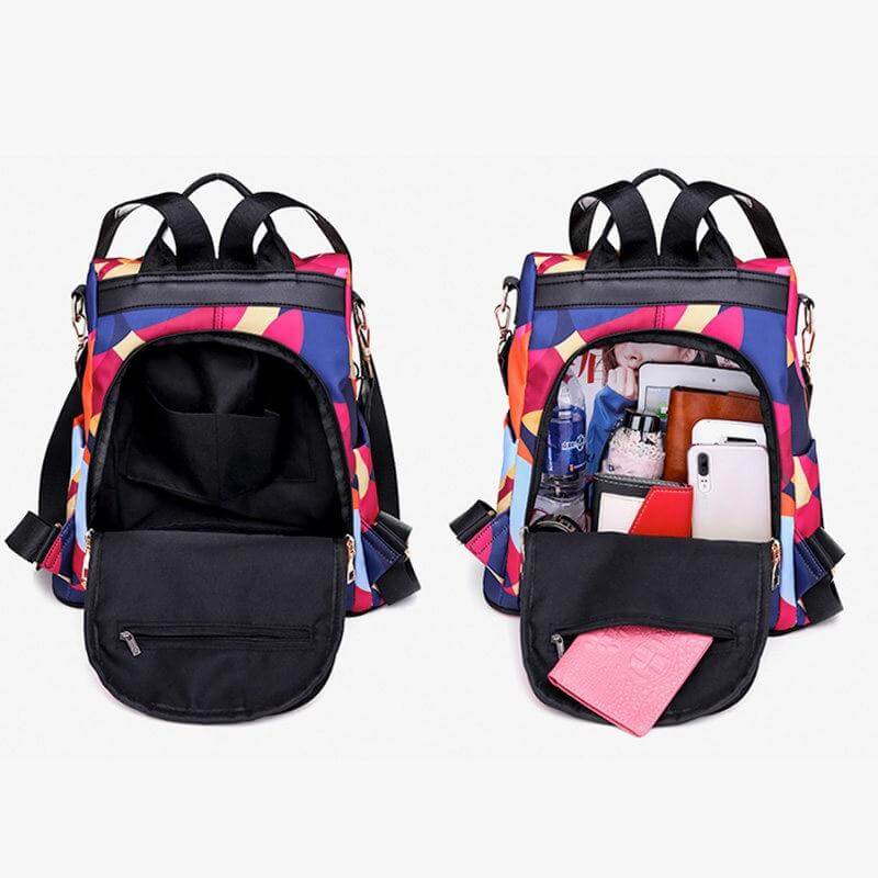 Secure anti-theft women's backpack, water-resistant, ideal for travel, hidden zippers & pockets.