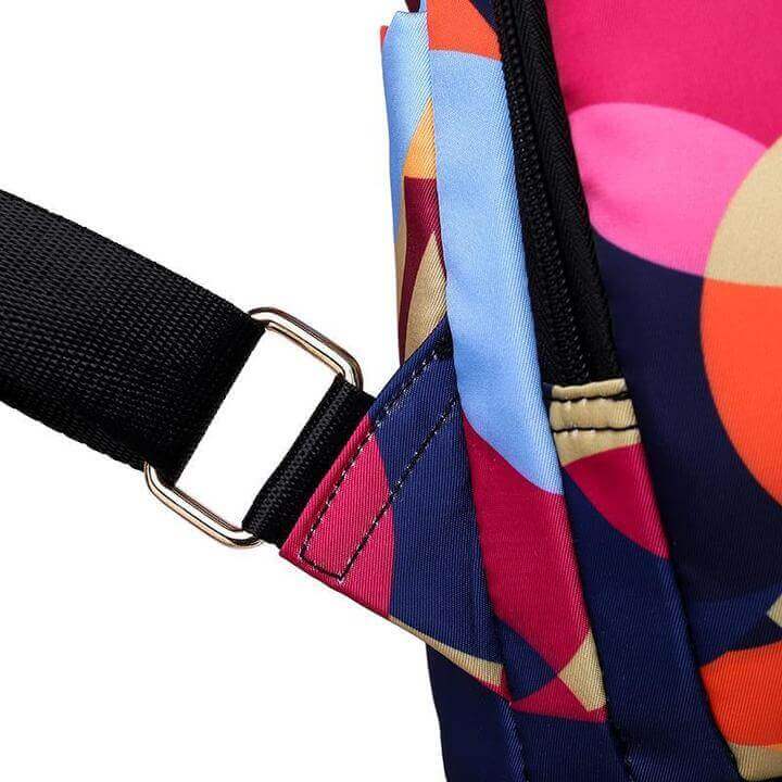 Organized women's travel backpack, anti-theft, water-resistant with multiple compartments & laptop sleeve.