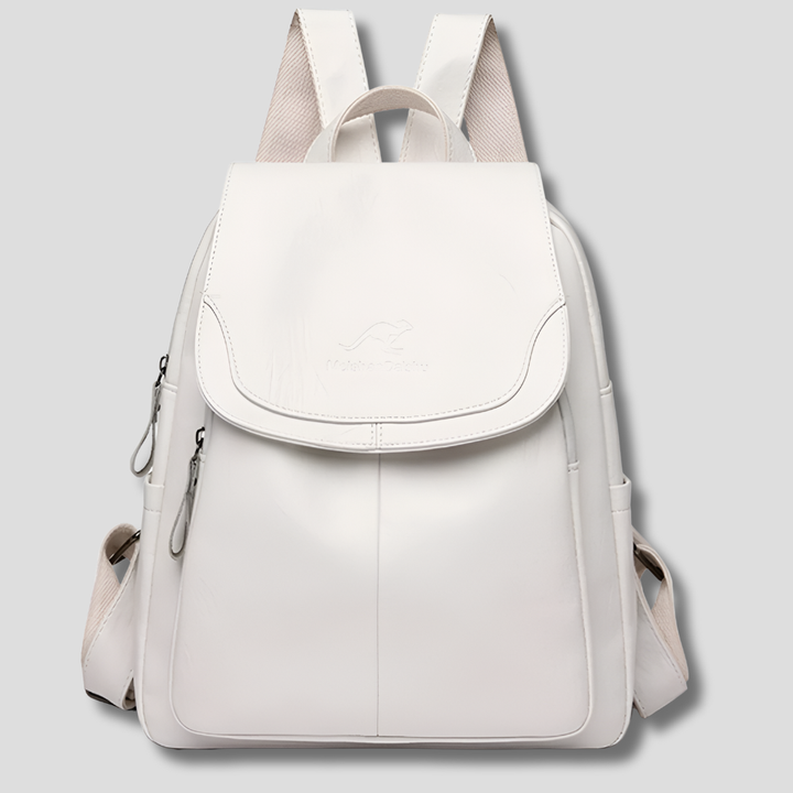 Women's anti-theft embossed leather backpack for secure daily use & travel.