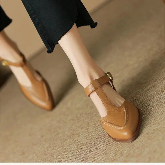 Women's apricot leather loafers, classic buckle design, comfortable for everyday wear