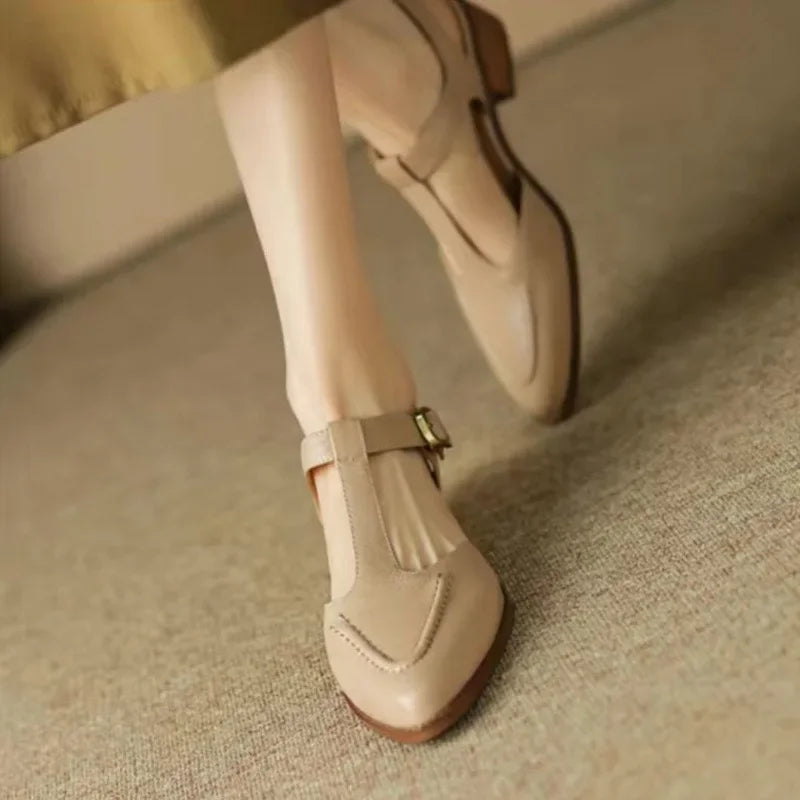 Classic style women's apricot leather buckle loafers, perfect flat shoes for comfort