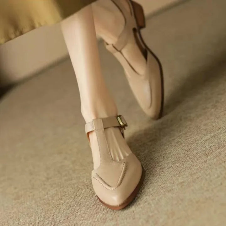 Classic style women's apricot leather buckle loafers, perfect flat shoes for comfort