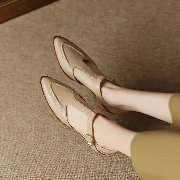 Apricot women's flat leather loafers with elegant buckle detail for classic everyday wear