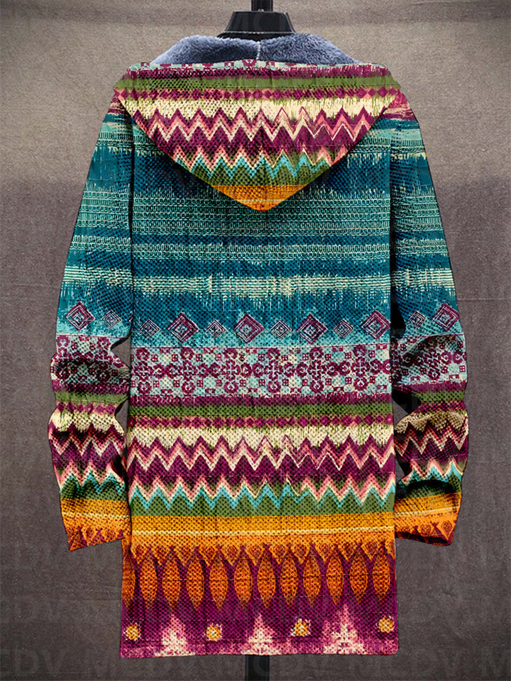 Bohemian women's knit cardigan with colorful art-inspired patterns, ideal for casual and stylish outfits
