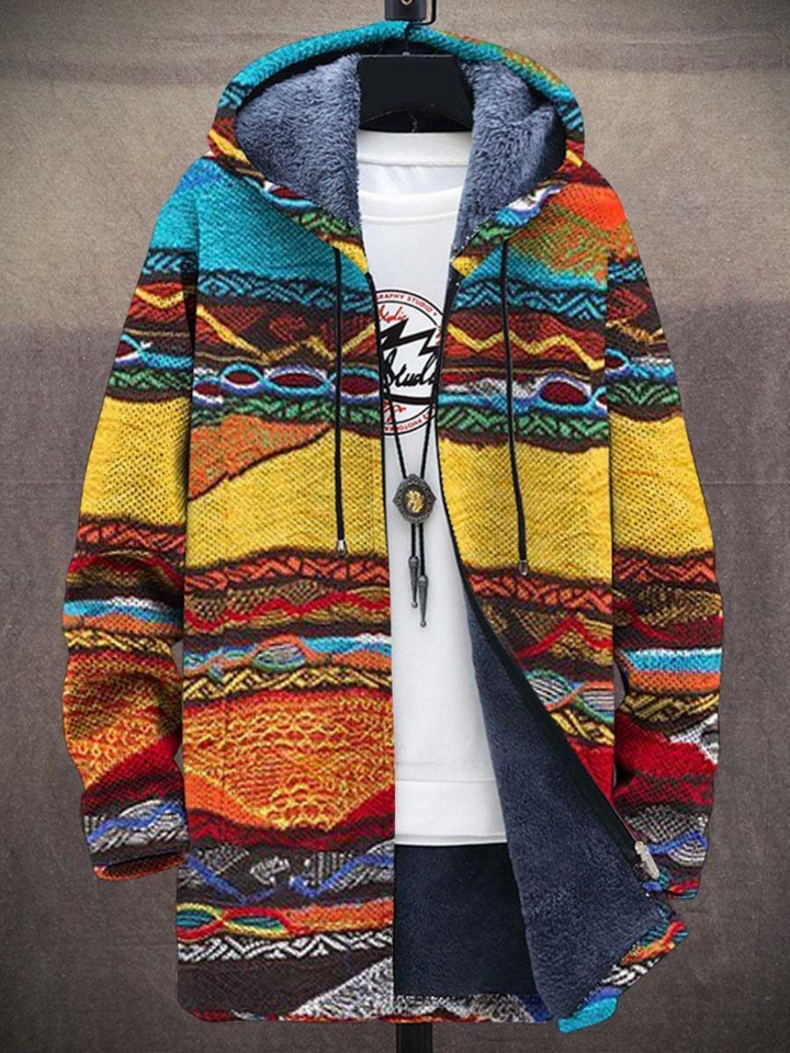 Women's art-inspired knit cardigan with long sleeves and boho graphic print. Fashion outerwear.