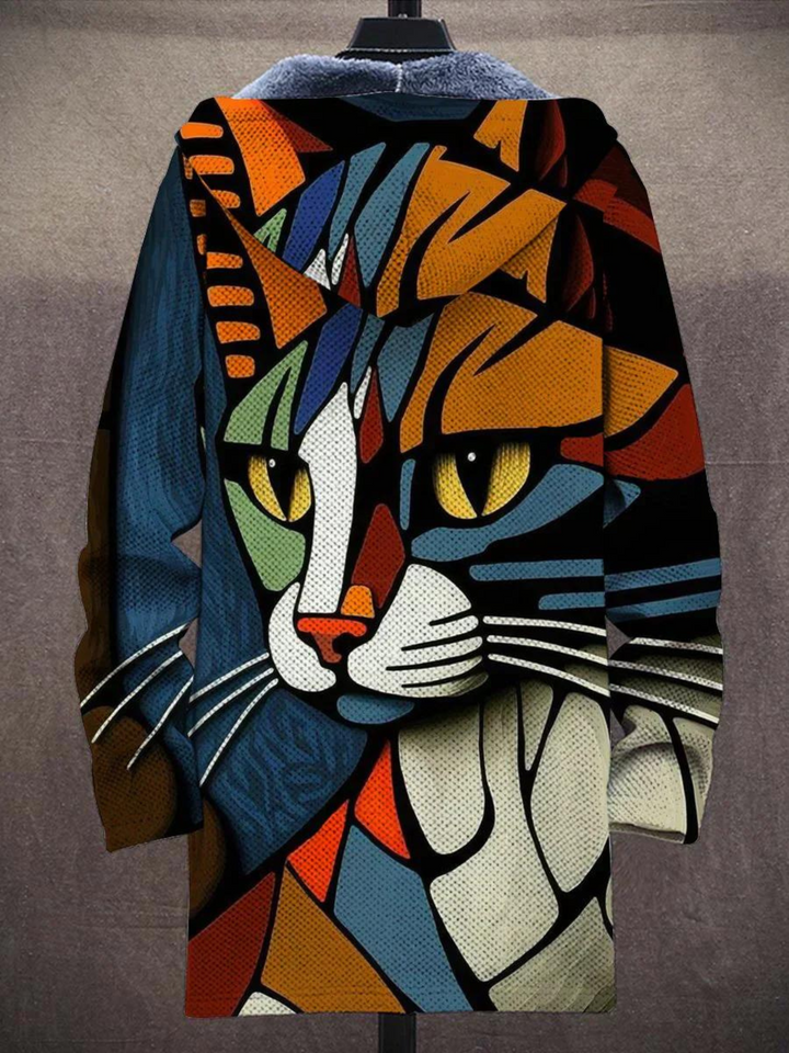 Boho style women's long sleeve knit cardigan with artistic graphic pattern. Fashionable and cozy.