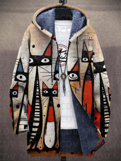Trendy women's knit cardigan with a unique artistic pattern for fashionable winter outfits.
