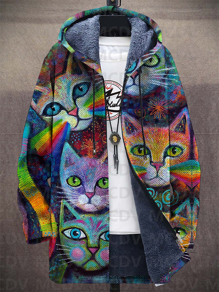 Close-up of a women's knit cardigan showing its unique art-inspired design and comfortable texture.